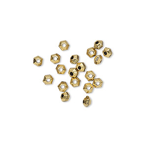 Bead, TierraCast&reg;, antique gold-plated pewter (tin-based alloy), 3x2mm faceted hexagon rondelle with beaded center. Sold per pkg of 50.