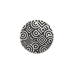Drop, imitation rhodium-finished carbon steel, black, 20mm single-sided round with geometric design. Sold per pkg of 4.