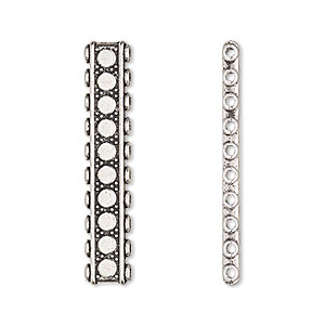 Spacer bar, antique silver-finished &quot;pewter&quot; (zinc-based alloy), 33x6mm 10-strand double-sided flat rectangle with beaded design, fits up to 3mm beads. Sold per pkg of 6.