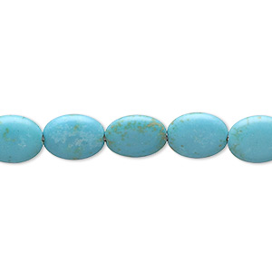Bead, magnesite (dyed / stabilized), blue-green, 10x8mm-10x9mm puffed oval, C grade, Mohs hardness 3-1/2 to 4. Sold per 15-inch strand.