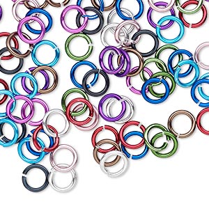 Jump ring mix, anodized aluminum, mixed colors, 6mm round, 4.2mm inside diameter, 18 gauge. Sold per pkg of 100.