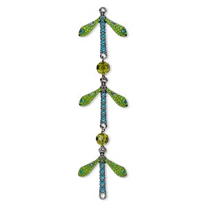 Chain, glass rhinestone / glass / enamel / gunmetal-finished &quot;pewter&quot; (zinc-based alloy), teal / green / olive green, 7mm round and 30x26.5mm dragonfly. Sold per pkg of 5 inches.