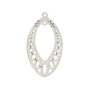 Drop, Lazer Lace&#153;, silver-plated brass, 29x18mm open marquise with loop. Sold per pkg of 2.