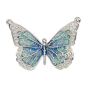 Focal, enamel and imitation rhodium-plated &quot;pewter&quot; (zinc-based alloy), blue and green with glitter, 35x25mm single-sided butterfly. Sold individually.