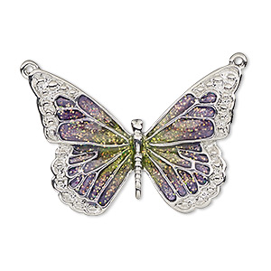 Focal, enamel and imitation rhodium-plated &quot;pewter&quot; (zinc-based alloy), purple and green with glitter, 35x25mm single-sided butterfly. Sold individually.