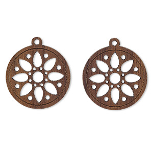 Drop, wood (natural), 19mm double-sided flat round with cutout flower design. Sold per pkg of 2.