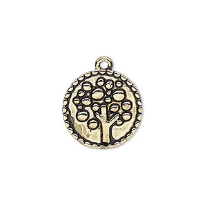 Drop, antique gold-finished &quot;pewter&quot; (zinc-based alloy), 18mm single-sided round with tree design. Sold per pkg of 4.