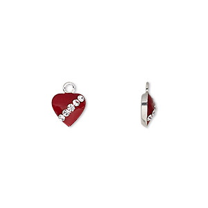 Charm, enamel / glass / sterling silver, red and clear, 7x7mm single-sided heart. Sold individually.