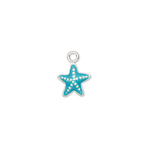 Charm, enamel and sterling silver, turquoise blue, 9x8mm single-sided starfish. Sold individually.