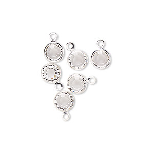 Drop, glass rhinestone and silver-finished brass, crystal clear, 6-6.5mm faceted round. Sold per pkg of 6.