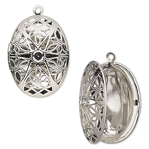 Drop, silver-finished brass, 34.5x26mm single-sided hinged oval bead cage with cutout flower and PP32 chaton setting with 27.5x18mm oval setting. Sold individually.