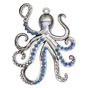 Focal, Charmed, glass rhinestone and antique imitation rhodium-finished &quot;pewter&quot; (zinc-based alloy), blue, 68x53mm single-sided octopus. Sold individually.