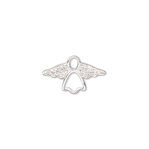 Charm, sterling silver and cubic zirconia, clear, 19x11mm single-sided open angel. Sold individually.