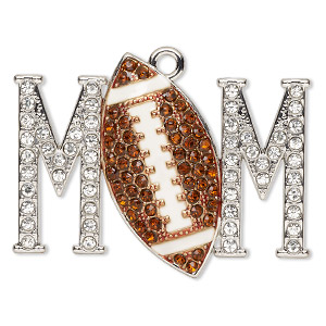 Focal, glass / painted enamel / silver-finished &quot;pewter&quot; (zinc-based alloy), brown / white / clear, 46.5x37mm single-sided &quot;MOM&quot; with football. Sold individually.