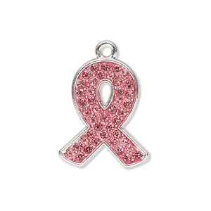 Charm, glass rhinestone / enamel / silver-finished &quot;pewter&quot; (zinc-based alloy), pink, 23x19mm single-sided awareness ribbon. Sold individually.