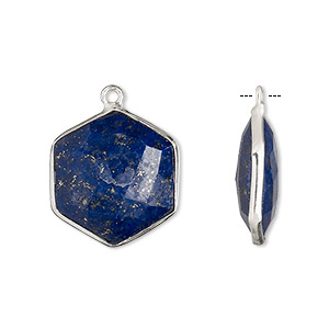 Drop, lapis lazuli (natural) and sterling silver, 18x17mm-20x18mm hand-cut double-sided faceted hexagon. Sold individually.