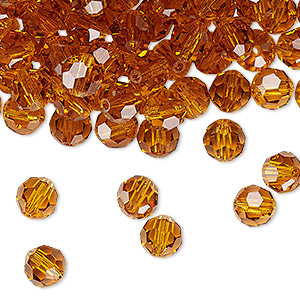 Bead, Preciosa Czech crystal, topaz, 6mm faceted round. Sold per pkg of 24.