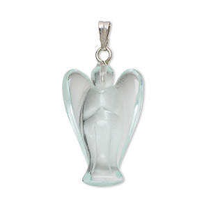 Pendant, glass with silver-finished brass bail, aqua blue, 25x17mm-27x17mm hand-cut 3D angel. Sold individually.