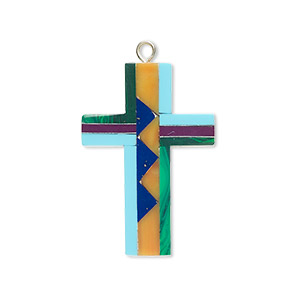 Drop, resin / aluminum/ silver-finished copper, multicolored, 28.5x20mm double-sided cross with Santa Fe design. Sold individually.