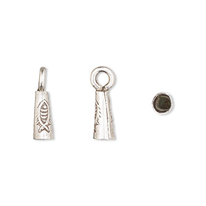 Cone, Hill Tribes, antiqued fine silver, 11x5mm with fish design and loop, 3mm inside diameter. Sold individually.