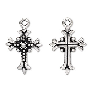 Drop, TierraCast&reg;, antique silver-plated pewter (tin-based alloy), 22x17.5mm single-sided cross with fleur-de-lis design. Sold per pkg of 2.