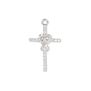 Drop, cubic zirconia and rhodium-plated sterling silver, clear, 23x15mm single-sided cross. Sold individually.