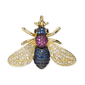 Focal, cubic zirconia and gold-finished brass, multicolored, 30x21mm single-sided bug with (1) 5mm open jump ring. Sold individually.