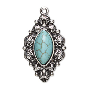 Focal, antique silver-finished &quot;pewter&quot; (zinc-based alloy) and &quot;turquoise&quot; (resin) (imitation), turquoise blue, 34x21.5mm single-sided diamond. Sold per pkg of 2.