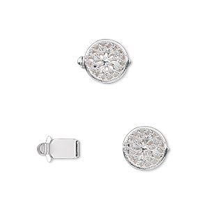 Clasp, tab, silver-plated brass, 9mm filigree round. Sold per pkg of 10.
