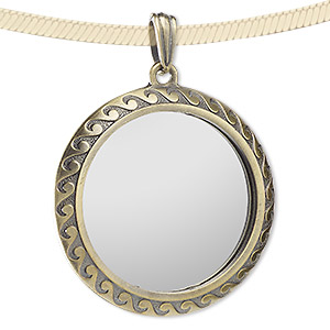 Pendant, glass and antique brass-finished &quot;pewter&quot; (zinc-based alloy), 53mm flat round with mirror and wave design. Sold individually.
