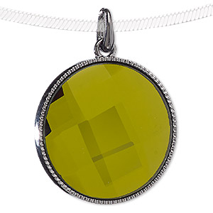 Pendant, glass and gunmetal-finished &quot;pewter&quot; (zinc-based alloy), olive green, 38mm flat round. Sold individually.