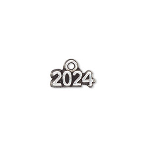 Charm, antique silver-plated &quot;pewter&quot; (tin-based alloy), 13x5mm single-sided &quot;2024&quot;. Sold per pkg of 2.