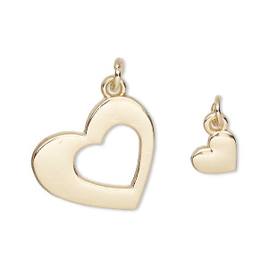 Charm, gold-finished &quot;pewter&quot; (zinc-based alloy) and steel, 20x18mm heart with heart cutout design and 8.5x8mm single-sided heart. Sold per pkg of (2) 2-piece sets.