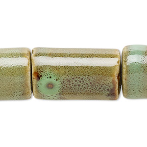 Bead, porcelain, honey and pale green, 26x15mm-27x16mm round tube. Sold per 8-inch strand.