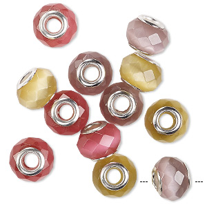 Bead mix, cat&#39;s eye glass (fiber optic glass) and silver-finished brass grommets, multicolored, 13x10mm-14x10mm faceted rondelle. Sold per pkg of 12.