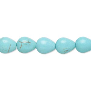 Bead, magnesite (dyed / stabilized), blue-green, 9x8mm-10x8mm teardrop, B- grade, Mohs hardness 3-1/2 to 4. Sold per 15-inch strand.