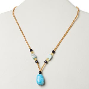 Necklace, multi-gemstone (natural / dyed / stabilized) / glass / silver- or antiqued gold-finished &quot;pewter&quot; (zinc-based alloy), multicolored, large nugget, 17 inches with lobster claw clasp. Sold individually.
