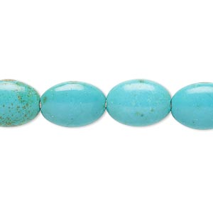 Bead, magnesite (dyed / stabilized), teal, 13x10mm-14x10mm puffed oval, B- grade, Mohs hardness 3-1/2 to 4. Sold per 15-inch strand.