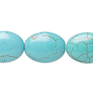 Bead, magnesite (dyed / stabilized), teal, 19x15mm-20x15mm puffed oval, B grade, Mohs hardness 3-1/2 to 4. Sold per 8-inch strand.