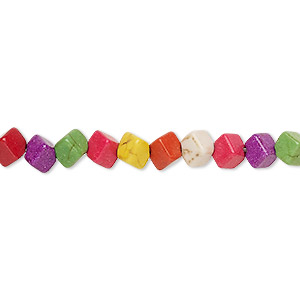 Bead, &quot;howlite&quot; (resin) (imitation), multicolored, 5-6mm diagonally-drilled cube. Sold per 15-inch strand.