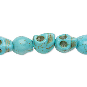 Bead, &quot;turquoise&quot; (resin) (imitation), blue-green, 12x9mm-10x10mm skull. Sold per 15-inch strand.