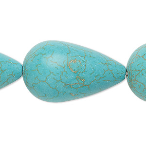 Bead, &quot;turquoise&quot; (resin) (imitation), blue-green, 33x20mm teardrop. Sold per 8-inch strand.