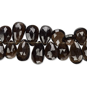 Bead, smoky quartz (heated / irradiated), dark, 9x6mm-12x8mm hand-cut top-drilled faceted puffed teardrop with 0.4-1.4mm hole, B grade, Mohs hardness 7. Sold per 6-inch strand.