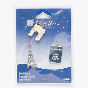 Charm mix, enamel / glass / antique silver- / antique gold-finished &quot;pewter&quot; (zinc-based alloy), dark blue and white, 18x16mm double-sided Arc de Triomphe / 22x16mm single-sided passport / 28x14mm single-sided Eiffel Tower. Sold per pkg of 3.