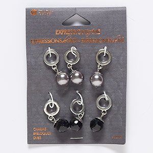 Drop mix, glass / glass pearl / silver-finished &quot;pewter&quot; (zinc-based alloy) / steel, opaque black and grey, 27x11mm-29x11mm round and faceted round with 6.5mm hole. Sold per pkg of 6.