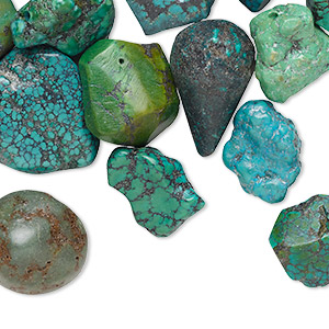 Bead mix, turquoise (dyed / stabilized), blue / blue-green / green-brown, large nugget, Mohs hardness 5 to 6. Sold per 1/2 pound pkg, approximately 30 beads.