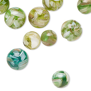 Bead mix, mother-of-pearl shell (assembled) and resin, multi-green and white, 8-10mm round, Mohs hardness 3-1/2. Sold per pkg of 60.