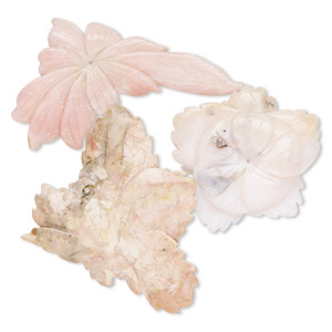 Focal mix, pink opal (natural), 2-1/2 x 1-1/2 inch - 4 x 2-1/2 inch top- and center-drilled carved flower and leaves, Mohs hardness 5 to 6-1/2. Sold per pkg of 3.