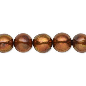 Pearl, cultured freshwater (dyed), copper, 9-11mm semi-round with 0.4mm hole, C grade, Mohs hardness 2-1/2 to 4. Sold per 15-inch strand.