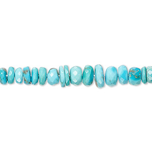 Bead, turquoise (dyed / stabilized), light blue-green, 4x2mm-6x4mm graduated faceted uneven rondelle with 0.5-1.5mm hole, B grade, Mohs hardness 5 to 6. Sold per 17-inch strand.